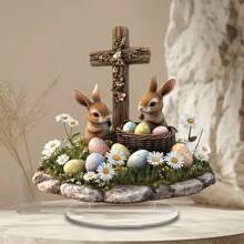 1pc Easter Bunny Art Decoration Boho Style With Colorful Easter Eggs, Daisies And Green Grass, Perfect For Office, Desktop Or Home Decoration, Ideal Gift For Easter Spring And Holiday Cafe Craft Decoration
