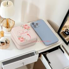 1pc Customizable Name Leather Jewelry Box,Mother's Day Gift, Personalized Birthday Flower Design, Versatile Storage Case For Bridesmaid Gift, Birthday, Valentine'S Day Present, Classic Style, Rectangular, Snap Closure, Plastic Interior, No Power Required, Jewelry Boxes