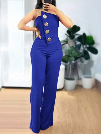 ChicMe 不对称抹胸露肩连体裤金属纽扣装饰休闲工装裤