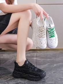 Zapatillas con cordones de fondo grueso para mujer, zapatos casuales de colores sólidos, suela blanda de goma - Beis - Ver 9