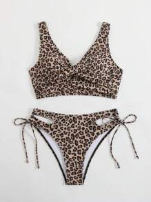 2pcs/Set Latest Fashionable Leopard Print Casual Minimalist Style Outfit, Versatile For Everyday Wear - Camel - View 5