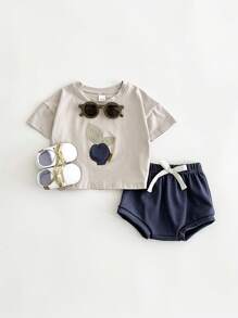 2 Stücke/Set Baby Jungen Lässig Blaubeere Muster Patchwork Kurzarm T-Shirt und Dreieck Shorts, Sommer