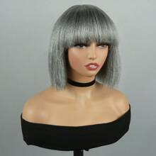 Mixed Gray Human Hair Bob Wigs With Bangs Full Machine Made Wigs For Woman Grey Pixie Cut Human Hair Wigs Pixie Cut Wigs With Bangs