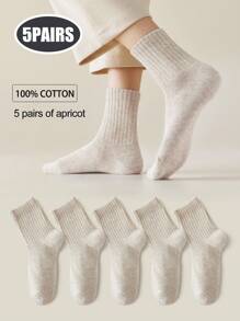 5 双女士中性中长款棉质中筒袜，高弹力，抗菌除臭，多色简约素色版型，适合休闲日常商务穿着，秋季 - 彩色 - 查看 15
