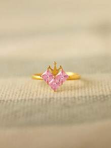 BALMORA 1 件装 925 纯银时尚优雅奢华粉红心形皇冠锆石指环女士日常佩戴友谊母亲节珠宝礼物 - 金色 - 查看 4