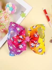 1 件女孩可爱独角兽彩虹纯色罗纹 6.5 英寸大蝴蝶结发夹，日常佩戴 - 彩色 - 查看 2