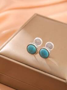 1 Pair Fashionable Crystal & Turquoise Round Clip On Earrings, Elegant Gift For Women, Suitable For Daily Wear