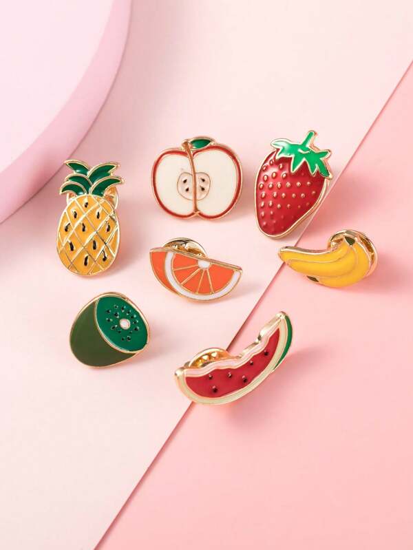 Set de 7 piezas de broches de serie de frutas, conjunto de broches de metal recubierto de epoxy que incluye manzana, plátano, piña, fresa, naranja, sandía, kiwi, accesorios de moda, protección contra problemas de guardarropa para uso diario y reuniones, gran regalo para mujeres