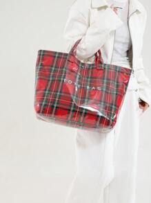 Fashionable Tote Bag - Large Capacity, Made Of Lightweight PVC And Kraft Paper, With Hook And Loop Closure, Stylish Choice For Women - Red - View 5