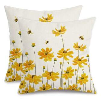 2PCS Summer Pillowcase Daisy Bee Decorating Farmhouse Seasonal Summer Pillowcase Decorating Sofa Yellow Single Side Without Pillow Core