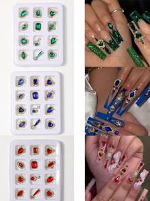 12 件/包 3D 闪亮指甲宝石合金指甲饰物绿蓝红指甲水钻钻石丙烯酸指甲用品 Y2K 指甲哥特指甲设计女士法式指甲 DIY 工艺配件