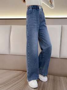 Girls' Fashion Single Rabbit Patch Slit Wide Leg Jeans For Tween Girl/Teens, Spring - Blue - View 6