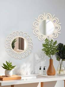 1/2pcs Charming Vintage Round Wall Decor Mirrors, Sunflower Shaped Wooden Framed Hanging Mirror For Living Room, Bedroom, Dining Room, Bathroom, Unique Decorative Mirror, Size 22.5cm/8.6inch, Special Birthday, Holiday, Graduation Gift