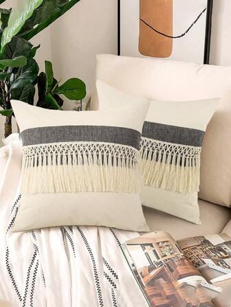 1 pièce Housse de coussin de canapé bohème à franges, housse de coussin en canevas patchwork (insert de coussin non inclus)
