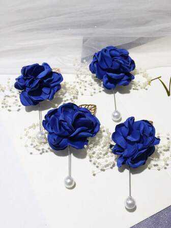 4 piezas Boutonnière de flor de tela azul marino, accesorio de traje de boda del novio francés, para reunión de negocios, decoración de boda