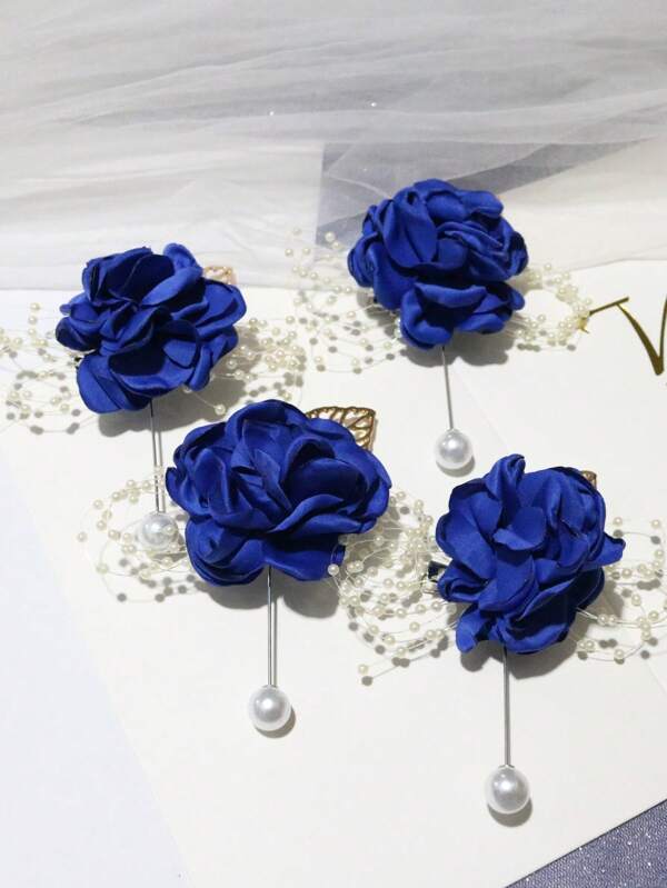 4pcs Navy Blue Fabric Flower Boutonniere, French Groom Wedding Suit Accessory, Business Meeting, Wedding Decor