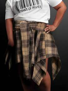 Plus Size Hip Hop Plaid Skirt 2025 - Women's Streetwear Tartan Skirt With Detachable Sleeves, Multi-Color Rap Style Skirt, High Waist A-Line Skirt With Belt (0X-5X) - Màu Khaki - Xem 10