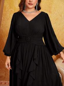 Plus Size V-Neck Chiffon Lantern Sleeve Pleated Panel Floral Trim Flare Hem Party Dress,Modest - màu đen - Xem 6
