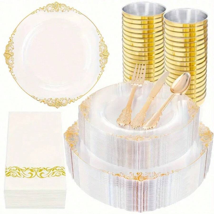 175 Pcs Transparent Gold Court Style Plastic Tableware Set, Suitable For 25 Guests, Including 25 Dinner Plates, 25 Dim Sum Plates, 75 Knives, Forks, Spoons, 25 Cups, 25 Napkins, . Very Suitable For Weddings And Parties - Transparent Gold - View 1