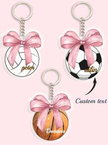 1pc Customized Cute Bow Sports Keychain (Football/Basketball/Volleyball), Upload Your Name, Personalized Keychain Gift For Her/Him, UV Printing Craft