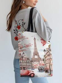 1 Stück Paris Eiffelturm & Lavendel Blume bedruckte Damen Schultertasche, große Kapazität Segeltuch Tasche, modische Lässig Umhängetasche für täglichen Gebrauch, Lebensmitteleinkäufe, Geschenke für Familie