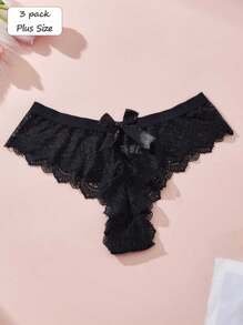 FOVTY 3 PCS Plus Size Pack Women's Bow Knot Lace Sexy Thong Bra Panties Lingerie Ladies Breathable Simple Romantic Underwear - Multicolor - View 3