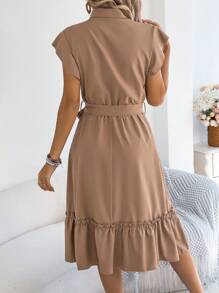 Damen Lässig einfarbiges Kleid mit Stehkragen und Rüschensaum, knielang, Frühling/Sommer - Khaki - Übersicht 2