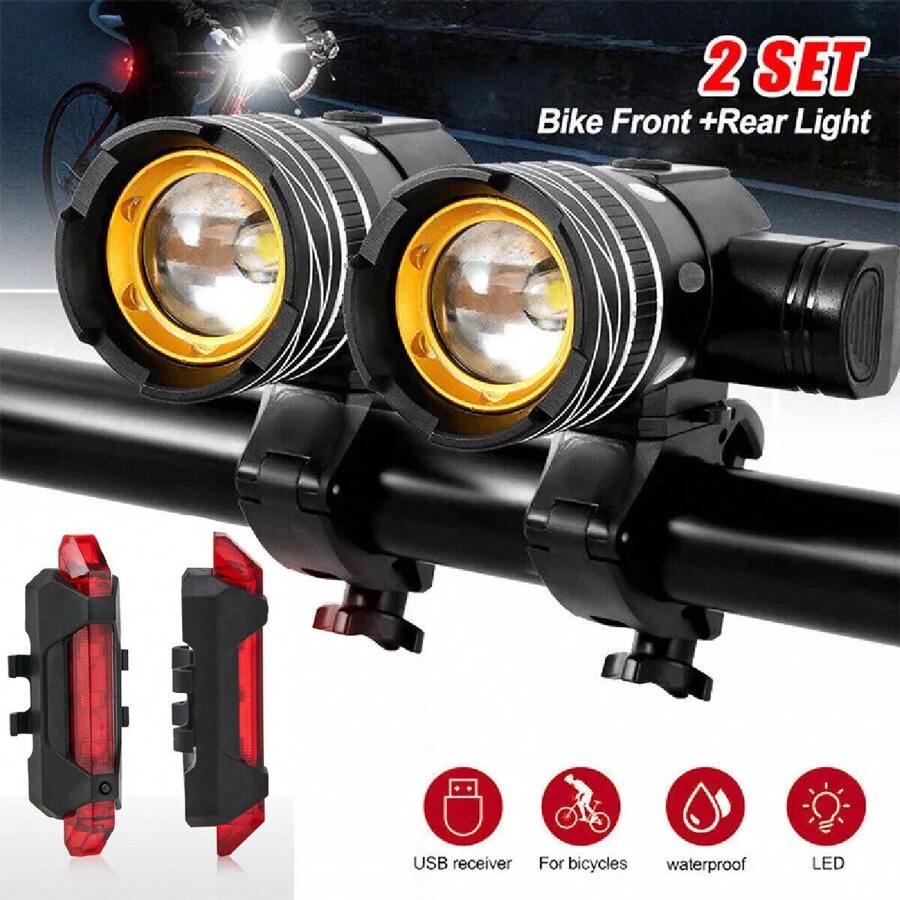 2X Rechargeable LED Mountain Bike Lights 50000LM Bicycle Torch Front &Rear Lamp - Black - View 1