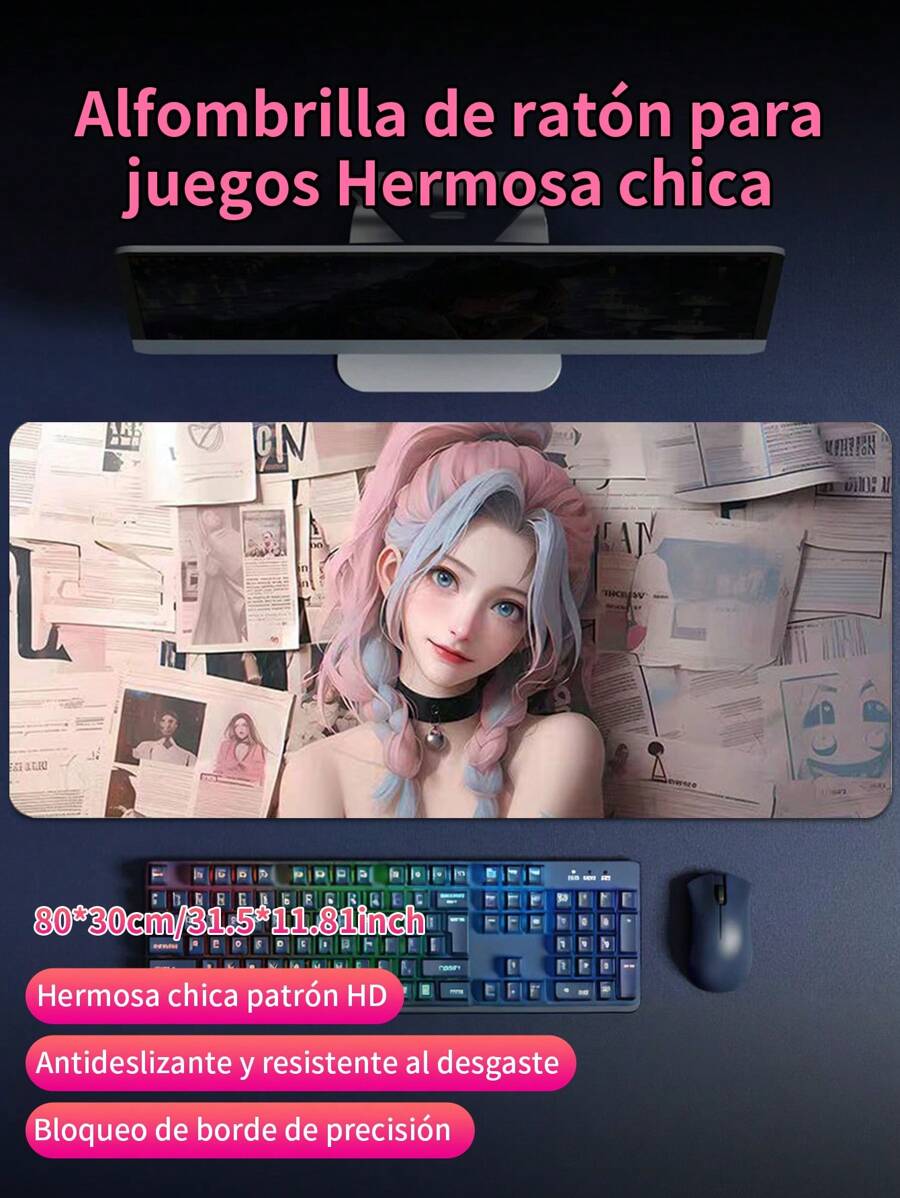 Cute Girl Design Gaming Mouse Pad, Extra Large Size 80x30, With Non-Slip Rubber Base, HD Pattern And Stitched Edges, Ideal For Gaming And Office.