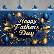 1pc Happy Father's Day Background Cloth, Polyester Luxurious Blue Rose & Balloon Design Banner, Suitable For Father's Day, Birthday Party Celebration Decoration, Multi-Size