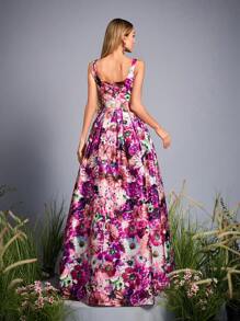 Mgiacy-Váy phù dâu cổ vuông lãng mạn mới về, in họa tiết, váy chữ A bằng vải satin - Hồng - Xem 2
