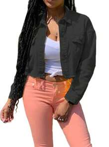 Women's Denim Short Coat, Solid Color Long Sleeve Lapel Jacket Button Down Distressed Hem Crop Jeans Coat - Black - View 3