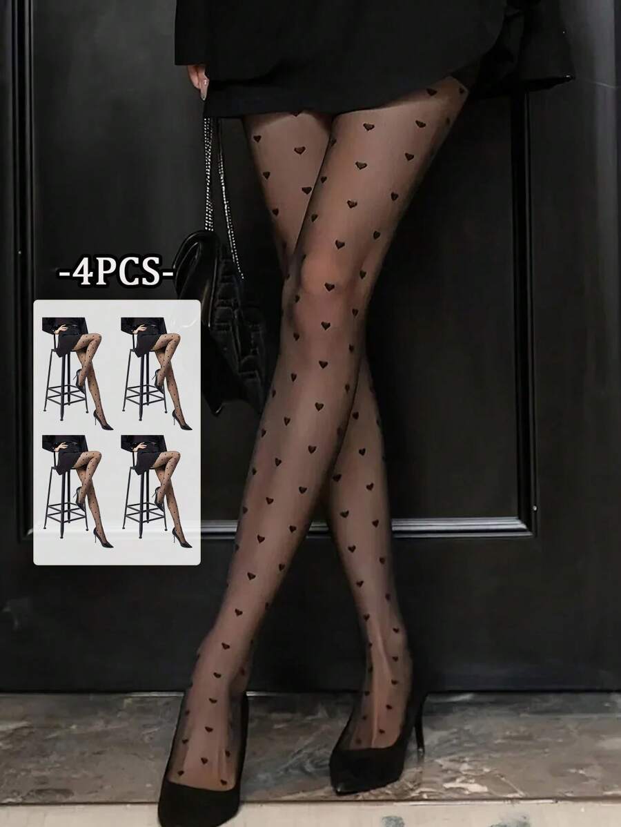 1/4 双性感心形提花图案紧身裤/连裤袜，丝滑时尚透明女士长筒袜，情人节 - 黑色 - 查看 1
