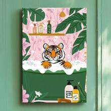 1pc Framed Canvas Wall Art Poster Pop Art Colorful Whimsical Playful Bold Simple Floral Tiger Pink Green. A Tiger Sitting In A Bathtub Surrounded By Flowers Wall Art For Living Room Bedroom Bathroom Kitchen Apartment Hotel, Artful Home Decoration - Framed, Vertical