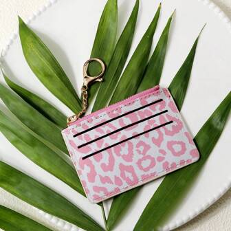 Moderiktig leopard/blommigt tryck Smal PU-läder Blixtlåshållare Multi-Slot Tunn Plånbok För Mynt S ID Lättviktsficka Resefodral Present För Snygga Flickor Miniplånbok Plånbok Nyckelring Kortplånbok