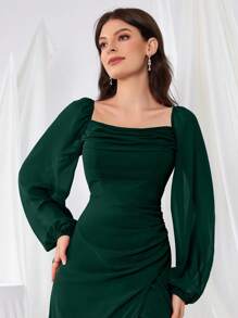 长袖雪纺连衣裙，褶裥设计，开衩，露背，腰部系带，伴娘礼服，新娘礼服，生日女士服装，毕业礼服，正式婚礼春季礼服 - 墨綠色 - 查看 6