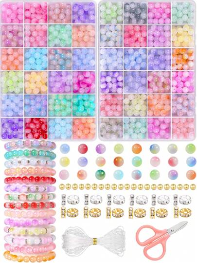 1 盒 8 毫米随机颜色裂纹水晶玻璃珠，用于珠宝制作 - 包括玻璃珠、水晶绳、剪刀、垫片