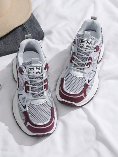 Thick-Soled Platform Sports Shoes For Women, Ins Style, Slimming, Anti-Slip, Lightweight, Breathable Mesh, Casual Running Shoes, Spring/Autumn