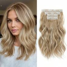 Clip In Hair Extensions, 14inch Short Wavy Curly Clip In Hair Extensions For Women 4Pcs Synthetic Beach Wavy Hair Extensions Invisible Lace Weft Hairpiece For Women - Buttery Blonde With Highlights - View 1