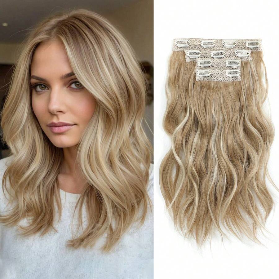Clip In Hair Extensions, 14inch Short Wavy Curly Clip In Hair Extensions For Women 4Pcs Synthetic Beach Wavy Hair Extensions Invisible Lace Weft Hairpiece For Women - Buttery Blonde With Highlights - View 1