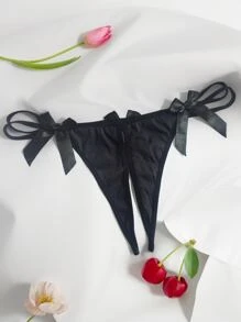 性感内衣内裤，缎面光滑，双蝴蝶结设计，开裆丁字裤 | 前后双蝴蝶结设计，透视 T 型内裤，性感内衣蝴蝶结裆丁字裤，冰丝光滑面料 + 3D 剪裁，凉爽不吸汗。正面双大蝴蝶结 + 背面开裆蝴蝶结 T 型内裤 - 黑色 - 查看 1
