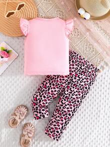 2 pièces/set Débardeur à manches courtes avec imprimé chat et cœur et pantalon imprimé léopard pour bébé fille, tenue d'été