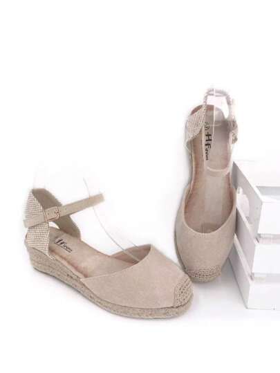 Calzado Estilo. Sandalia de cuña para mujer, Altura de cuña 6.5 cm, Valenciana básica con cuña de esparto Media, Estilo alpargata con tacón de Esparto trenzado, Cuña de esparto natural, Uso diario en primavera/verano, Vestidos, faldas, pantalones frescos