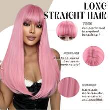 女士粉色假发，26 英寸长直粉色假发，带刘海，自然外观耐热纤维热粉色假发，彩色角色扮演派对女士假发