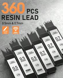 Four Candies 2PCS Metal Mechanical Pencils Set With Case, 0.5mm & 0.7 Mm Artist Pencil With 6 Tubes (360PCS) HB Lead Refills, 3 Erasers,9 Eraser Refills For Writing Drafting, Drawing, Black