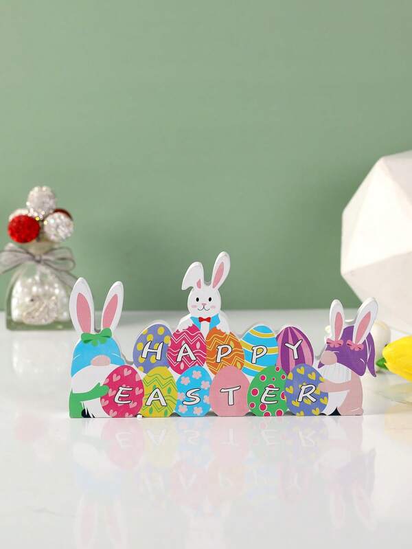 1pc Wooden Creative Colorful Egg Rabbit Easter Desktop Decor, Suitable For Holiday Decoration, Best Holiday Gift