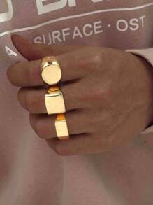 3pcs Fashionable Smooth Geometric Round Ring Set - Yellow Gold - View 1
