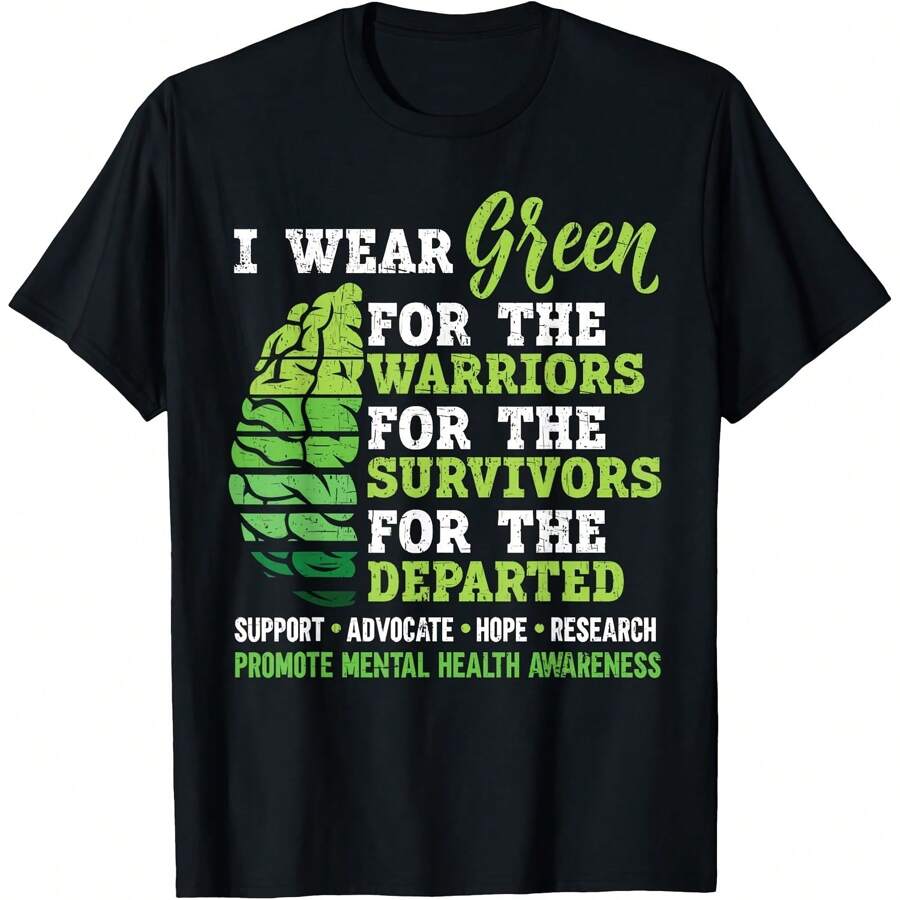 I Wear Green For Mental Health Awareness Fight The Stigma T Shirt Women's T Shirts Women's Plus Size Graphic Tee - 黑色 - 查看 1