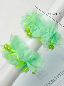 2 件装女孩可爱绿色面料发圈，发光绿色人造珍珠装饰绿色花朵发带，适合日常生活和度假 - 綠色 - 查看 3