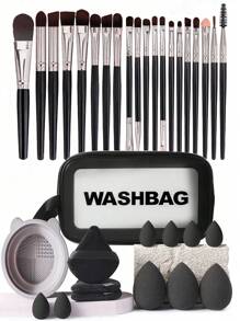 34pcs Makeup Brush Set, Including: 20pcs Makeup Brush, 3pcs Water Drop Makeup Sponge, 3pcs Triangle Powder Puff, 6pcs Mini Water Drop Makeup Sponge, 1pc Makeup Bag, 1pc Cleaning Tool, Makeup Brush Set, Mixed Makeup And Beauty Tools, Soft Bristles, Advanced Synthetic Red Powder Brush, Basic Makeup Brush